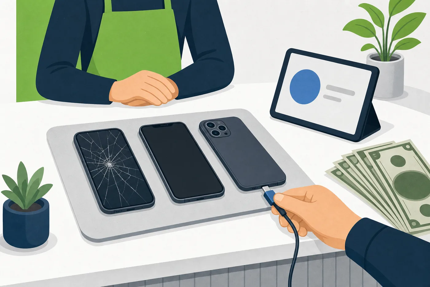 Phones laid out on a counter for trade-in appraisal, including one with a cracked screen, alongside a diagnostic cable and cash