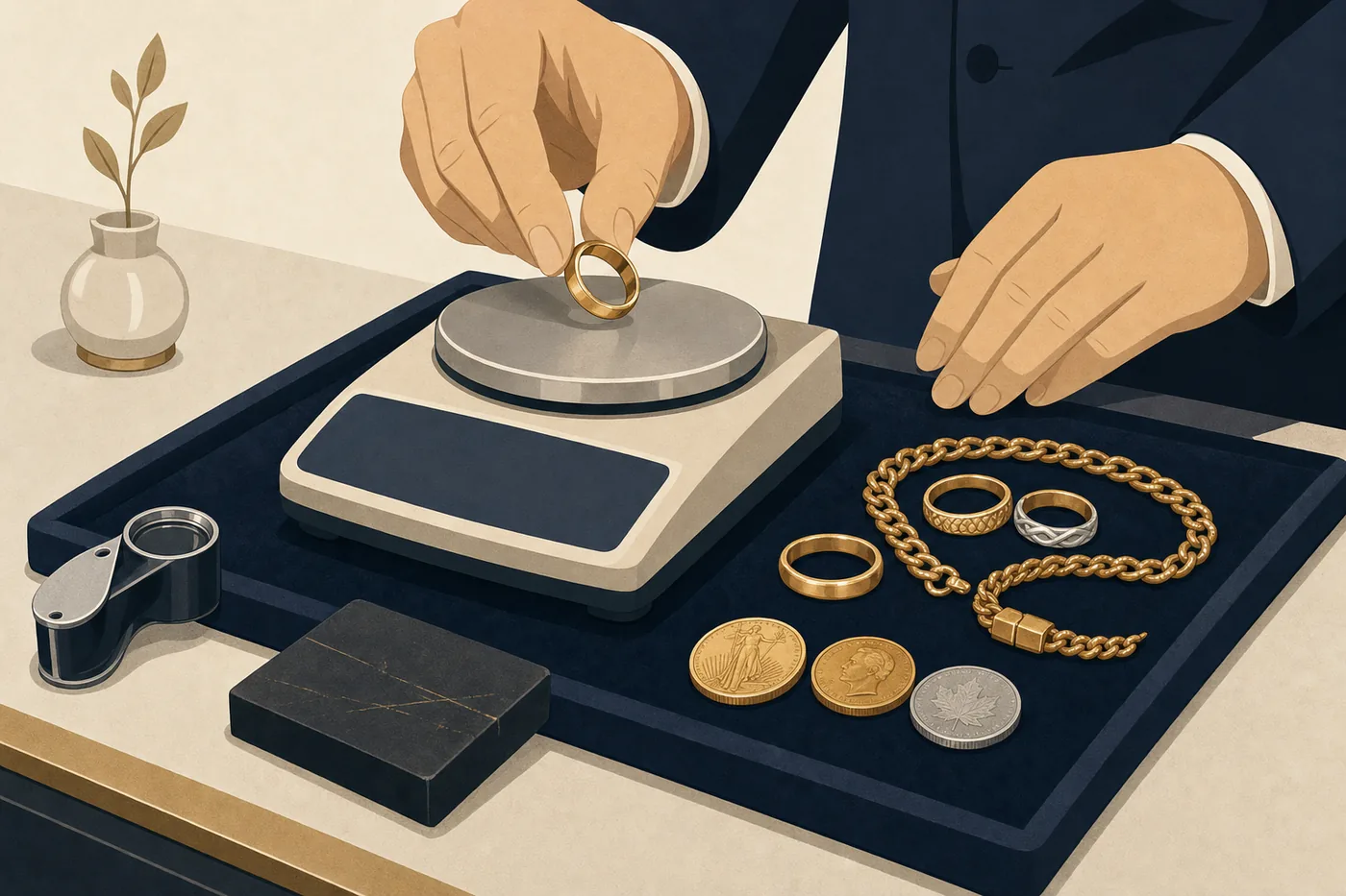 Gold jewelry and coins being weighed on a jeweler's scale beside a loupe and testing stone